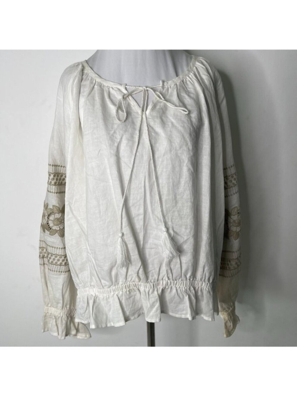 Eri + Ali Anthropologie Peasant Blouse White Linen Floral Embroidered XL Boho